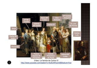 Dª Carlota
                                      Reina Mª        Don        Joaquina
                 Dª Mª                 Luisa         Antonio
                Josefa
                           Infanta                                           D. Luis
                                             Carlos IV
                          Mª Isabel                                         de Parma
  Goya

                                                                                 Carlos
                                                                                  Luis
Carlos Mª
 Isidro




  Fernando



                           Futura             Infante          Infanta Mª
                         esposa de          Francisco             Luisa
                         Fernando            de Paula
                             Vídeo: La familia de Carlos IV
             http://www.youtube.com/watch?v=tAJ6JWhzUn8&feature=fvsr
 