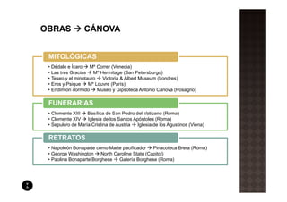 MITOLÓGICAS
• Dédalo e Ícaro   Mº Correr (Venecia)
• Las tres Gracias   Mº Hermitage (San Petersburgo)
• Teseo y el minotauro   Victoria & Albert Museum (Londres)
• Eros y Psique    Mº Louvre (París)
• Endimión dormido     Museo y Gipsoteca Antonio Cánova (Posagno)

FUNERARIAS
• Clemente XIII   Basílica de San Pedro del Vaticano (Roma)
• Clemente XIV    Iglesia de los Santos Apóstoles (Roma)
• Sepulcro de María Cristina de Austria  Iglesia de los Agustinos (Viena)

RETRATOS
• Napoleón Bonaparte como Marte pacificador  Pinacoteca Brera (Roma)
• George Washington North Caroline State (Capitol)
• Paolina Bonaparte Borghese  Galería Borghese (Roma)
 