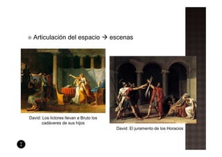 Articulación del espacio               escenas




David: Los lictores llevan a Bruto los
       cadáveres de sus hijos
                                           David: El juramento de los Horacios
 