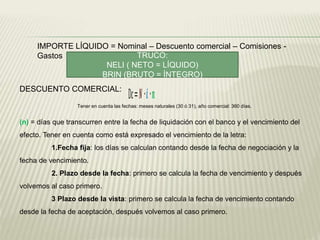 IMPORTE LÍQUIDO = Nominal – Descuento comercial – Comisiones -
Gastos TRUCO:
NELI ( NETO = LÍQUIDO)
BRIN (BRUTO = ÍNTEGRO)
DESCUENTO COMERCIAL:
Tener en cuenta las fechas: meses naturales (30 ó 31), año comercial: 360 días.
(n) = días que transcurren entre la fecha de liquidación con el banco y el vencimiento del
efecto. Tener en cuenta como está expresado el vencimiento de la letra:
1.Fecha fija: los días se calculan contando desde la fecha de negociación y la
fecha de vencimiento.
2. Plazo desde la fecha: primero se calcula la fecha de vencimiento y después
volvemos al caso primero.
3 Plazo desde la vista: primero se calcula la fecha de vencimiento contando
desde la fecha de aceptación, después volvemos al caso primero.
Dc=𝑵∙𝒊∙𝒏
 