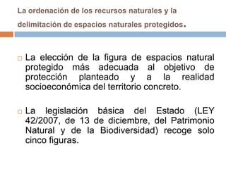 La ordenación de los recursos naturales y la
delimitación de espacios naturales protegidos   .

   La elección de la figura de espacios natural
    protegido más adecuada al objetivo de
    protección planteado y a la realidad
    socioeconómica del territorio concreto.

   La legislación básica del Estado (LEY
    42/2007, de 13 de diciembre, del Patrimonio
    Natural y de la Biodiversidad) recoge solo
    cinco figuras.
 