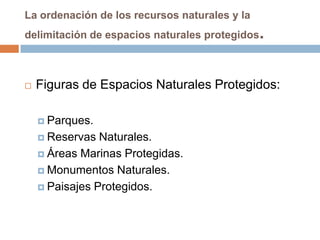 La ordenación de los recursos naturales y la
delimitación de espacios naturales protegidos   .

   Figuras de Espacios Naturales Protegidos:

     Parques.

     Reservas  Naturales.
     Áreas Marinas Protegidas.

     Monumentos Naturales.

     Paisajes Protegidos.
 
