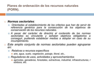 Planes de ordenación de los recursos naturales
    (PORN).


   Normas sectoriales:
        Orientadas al establecimiento de los criterios que han de servir de
        referencia genérica para la consecución de los objetivos de
        conservación de los recursos naturales.
       A pesar del carácter de directriz el contenido de las normas
        sectoriales es vinculante y señalan objetivos obligatorios a
        conseguir, pudiendo establecer medias a adoptar en caso de su
        incumplimiento.
   Este amplio conjunto de normas sectoriales pueden agruparse
    en:
       Relativas a recursos específicos
           aire, agua, suelo, vegetación, paisaje, litoral, etc.,
       Reguladoras de usos, actividades y aprovechamientos
           agrícolas, ganaderas, forestales, extractivas, industrial, infraestructuras, r
            esiduos, etc.
 