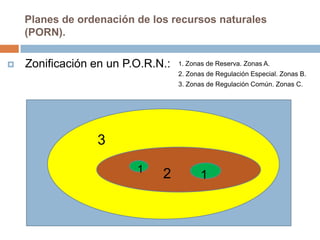 Planes de ordenación de los recursos naturales
    (PORN).

   Zonificación en un P.O.R.N.:   1. Zonas de Reserva. Zonas A.
                                   2. Zonas de Regulación Especial. Zonas B.
                                   3. Zonas de Regulación Común. Zonas C.




                 3
                         1
                              2           1
 