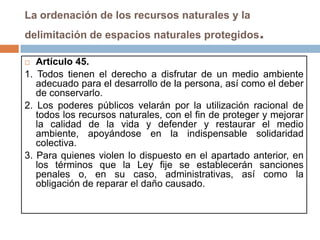 La ordenación de los recursos naturales y la
delimitación de espacios naturales protegidos         .
  Artículo 45.
1. Todos tienen el derecho a disfrutar de un medio ambiente
   adecuado para el desarrollo de la persona, así como el deber
   de conservarlo.
2. Los poderes públicos velarán por la utilización racional de
   todos los recursos naturales, con el fin de proteger y mejorar
   la calidad de la vida y defender y restaurar el medio
   ambiente, apoyándose en la indispensable solidaridad
   colectiva.
3. Para quienes violen lo dispuesto en el apartado anterior, en
   los términos que la Ley fije se establecerán sanciones
   penales o, en su caso, administrativas, así como la
   obligación de reparar el daño causado.
 