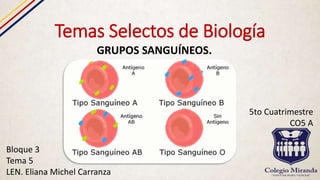 Temas Selectos de Biología
GRUPOS SANGUÍNEOS.
Bloque 3
Tema 5
LEN. Eliana Michel Carranza
5to Cuatrimestre
CO5 A
 
