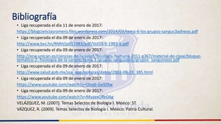 Bibliografía
• Liga recuperada el día 11 de enero de 2017:
https://blogcienciasromero.files.wordpress.com/2014/03/tema-6-los-grupos-sanguc3adneos.pdf
• Liga recuperada el día 09 de enero de 2017:
http://www.bvs.hn/RMH/pdf/1983/pdf/Vol51-3-1983-6.pdf
• Liga recuperada el día 09 de enero de 2017:
http://ocw.unican.es/ciencias-de-la-salud/fisiologia-humana-2011-g367/material-de-clase/bloque-
tematico-2.-fisiologia-de-la-sangre/tema-3.-grupos-sanguineos/grupos_sanguineos.pdf
• Liga recuperada el día 09 de enero de 2017:
http://www.salud.gob.mx/ssa_app/noticias/datos/2002-08-23_385.html
• Liga recuperada el día 09 de enero de 2017:
https://www.youtube.com/watch?v=Onob-GelD9w
• Liga recuperada el día 09 de enero de 2017:
https://www.youtube.com/watch?v=MyaexORe0Ag
VELÁZQUEZ, M. (2007). Temas Selectos de Biología I. México: ST.
VÁZQUEZ, R. (2009). Temas Selectos de Biología i. México: Patria Cultural.
 