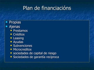 Plan de financiacións

   Propias
   Ajenas
       Prestamos
       Créditos
       Leasing
       Ayudas
       Subvenciones
       Microcreditos
       sociedades de capital de riesgo
       Sociedades de garantía recíproca
 