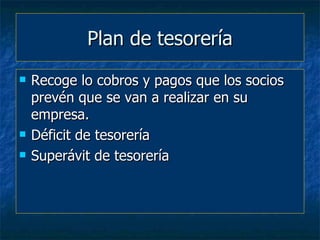 Plan de tesorería
   Recoge lo cobros y pagos que los socios
    prevén que se van a realizar en su
    empresa.
   Déficit de tesorería
   Superávit de tesorería
 