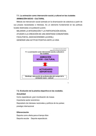7.1. La animación como intervención social y cultural en las ciudades
   ANIMACIÓN SOCIO - CULTURAL
   Método de intervención social centrado en la dinamización de colectivos a partir de
sus propias necesidades e intereses. Es un elemento fundamental en las políticas
locales destinadas a la población juvenil.
   MEJORAR LA INTEGRACIÓN Y LA PARTICIPACIÓN SOCIAL
   AYUDAR A LA CREACIÓN DE UNA IDENTIDAD COMUNITARIA
   FACILITAR EL ASOCIACIONISMO (JUVENIL)
   GENERAR UNA ACTITUD POSITIVA ANTE LA VIDA



                                                          CICLO FORMATIVO DE GRADO SUPERIOR

                                                  ANIMACIÓN DE ACTIVIDADES FÍSICO-DEPORTIVAS

               7.1. La animación como intervención social y cultural en
                                    las ciudades.

                                 ANIMACIÓN
                               SOCIO - CULTURAL




                                   ACTIVIDADES
                                   DEPORTIVAS

              Hándicap: adecuación de profesionales del campo de la
                            animación socio - cultural


                                                                                               4




   7.2. Evolución de la práctica deportiva en las ciudades.
   Actualidad
   Como espectáculo: gran movilización de masas
   Importante sector económico
   Depositario de intereses nacionales y políticos de los países:
   prestigio internacional


   Diferenciación
   Deporte como oferta para el tiempo libre
   Deporte escolar Deporte espectáculo
 