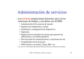 Administración de servicios
– Los servicios proporcionan funciones clave en las
  estaciones de trabajo y servidores con W2008:
      • Autenticación de los accesos de usuario
      • Registros de rendimiento y alertas
      • Instalación y configuración de dispositivos
      • Impresión
      • Registro de los mensajes de sucesos que generan las
        aplicaciones y el sistema operativo
          li i          l it           ti
      • Servicios para las comunicaciones y conexiones de red
      • Cumplimiento de las licencias
             p
      • DNS (cliente o servidor), Telnet, RPC, etc.
–   Los servicios son la misma idea que los demonios de Linux, son procesos servidores



                       Tema 12. Procesos, servicios y sucesos                            25
 