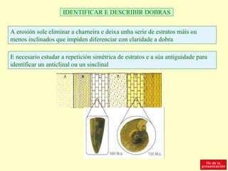 IDENTIFICAR E DESCRIBIR DOBRAS


A erosión sole eliminar a charneira e deixa unha serie de estratos máis ou
menos inclinados que impiden diferenciar con claridade a dobra

E necesario estudar a repetición simétrica de estratos e a súa antiguidade para
identificar un anticlinal ou un sinclinal
 