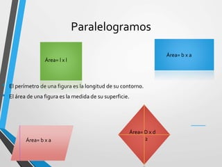 Paralelogramos
• El perímetro de una figura es la longitud de su contorno.
• El área de una figura es la medida de su superficie.
Área= l x l
Área= b x a
Área= b x a
Área= D x d
2
 