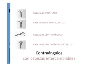 Contraángulos	
  	
  
con	
  cabezas	
  intercambiables	
  
Cabeza de PROFILAXIS



Cabeza REDUCTORA CON LUZ




Cabeza de CONTRAÁNGULO



Cabeza de CONTRAÁNGULO CON LUZ
 