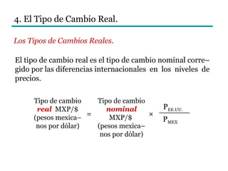 4. El Tipo de Cambio Real.
Los Tipos de Cambios Reales.
El tipo de cambio real es el tipo de cambio nominal corre–
gido por las diferencias internacionales en los niveles de
precios.
Tipo de cambio
real MXP/$
(pesos mexica–
nos por dólar)
Tipo de cambio
nominal
MXP/$
(pesos mexica–
nos por dólar)
PEE.UU.
PMEX
= ×
 