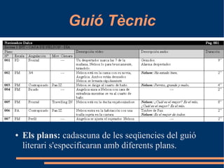 Guió Tècnic
● Els plans: cadascuna de les seqüencies del guió
literari s'especificaran amb diferents plans.
 