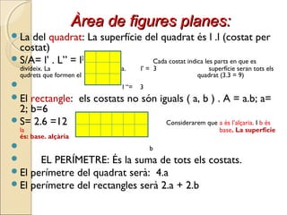 Àrea de figures planes:Àrea de figures planes:
La del quadrat: La superfície del quadrat és l .l (costat per
costat)
S/A= l’ . L” = l2
Cada costat indica les parts en que es
divideix. La l’ és l’alçaria. l’ = 3 superfície seran tots els
qudrets que formen el l” és la base quadrat (3.3 = 9)
 l “= 3
El rectangle: els costats no són iguals ( a, b ) . A = a.b; a=
2; b=6
S= 2.6 =12 a Considerarem que a és l’alçaria. I b és
la base. La superfície
és: base. alçària
 b
 EL PERÍMETRE: És la suma de tots els costats.
El perímetre del quadrat serà: 4.a
El perímetre del rectangles serà 2.a + 2.b
 
