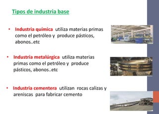 • Industria química utiliza materias primas
como el petróleo y produce pásticos,
abonos..etc
• Industria metalúrgica utiliza materias
primas como el petróleo y produce
pásticos, abonos..etc
Tipos de industria base
• Industria cementera utilizan rocas calizas y
areniscas para fabricar cemento
 