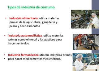 • Industria alimentaria utiliza materias
primas de la agricultura, ganaderia y
pesca y hace alimentos
• Industria automovilística utiliza materias
primas como el metal y los pásticos para
hacer vehículos.
Tipos de industria de consumo
• Industria farmacéutica utilizan materias primas
• para hacer medicamentos y cosméticos.
 