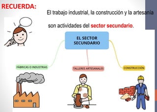 El trabajo industrial, la construcción y la artesanía
son actividades del sector secundario.
RECUERDA:
 