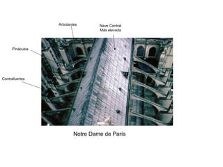 Notre Dame de París
Nave Central
Más elevada
Arbotantes
Contrafuertes
Pináculos
 