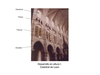 Desarrollo en altura I.
Catedral de Laon
Arcadas
Tribuna
Triforio
Claristorio
 