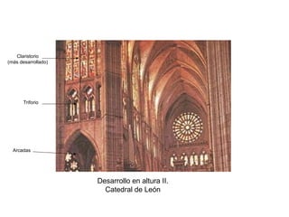 Desarrollo en altura II.
Catedral de León
Arcadas
Triforio
Claristorio
(más desarrollado)
 