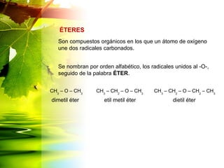 Son compuestos orgánicos en los que un átomo de oxígeno
une dos radicales carbonados.
Se nombran por orden alfabético, los radicales unidos al -O-,
seguido de la palabra ÉTER.
ÉTERES
CH3
– O – CH3
CH3
– CH2
– O – CH3
CH3
– CH2
– O – CH2
– CH3
dimetil éter etil metil éter dietil éter
 