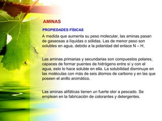 A medida que aumenta su peso molecular, las aminas pasan
de gaseosas a líquidas o sólidas. Las de menor peso son
solubles en agua, debido a la polaridad del enlace N – H.
Las aminas primarias y secundarias son compuestos polares,
capaces de formar puentes de hidrógeno entre sí y con el
agua, esto lo hace soluble en ella. La solubilidad disminuye en
las moléculas con más de seis átomos de carbono y en las que
poseen el anillo aromático.
Las aminas alifáticas tienen un fuerte olor a pescado. Se
emplean en la fabricación de colorantes y detergentes.
AMINAS
PROPIEDADES FÍSICAS
 
