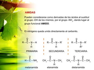Pueden considerarse como derivadas de los ácidos al sustituir
el grupo -OH de los mismos, por el grupo -NH2
, dando lugar al
grupo funcional AMIDO.
El nitrógeno queda unido directamente al carbonilo.
AMIDAS
R – C – N – H
H
R – C – N – R'
H
R – C – N – R'
R''
PRIMARIA SECUNDARIA TERCIARIAPRIMARIA
CH3
– C – N – CH3
H
H – C – NH2
metanamida etanamida
O O O
O O
CH3
– C – N – C – CH3
H
O O
dietanamida
 