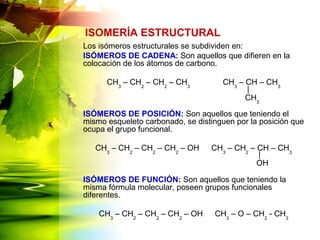 Los isómeros estructurales se subdividen en:
ISÓMEROS DE CADENA: Son aquellos que difieren en la
colocación de los átomos de carbono.
CH3
– CH2
– CH2
– CH3
CH3
– CH – CH3
ISÓMEROS DE POSICIÓN: Son aquellos que teniendo el
mismo esqueleto carbonado, se distinguen por la posición que
ocupa el grupo funcional.
CH3
– CH2
– CH2
– CH2
– OH CH3
– CH2
– CH – CH3
ISÓMEROS DE FUNCIÓN: Son aquellos que teniendo la
misma fórmula molecular, poseen grupos funcionales
diferentes.
CH3
– CH2
– CH2
– CH2
– OH CH3
– O – CH2
- CH3
ISOMERÍA ESTRUCTURAL
CH3
OH
 