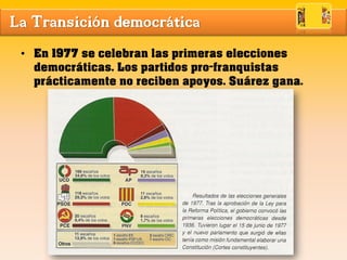 La Transición democrática
• En 1977 se celebran las primeras elecciones
democráticas. Los partidos pro-franquistas
prácticamente no reciben apoyos. Suárez gana.
 