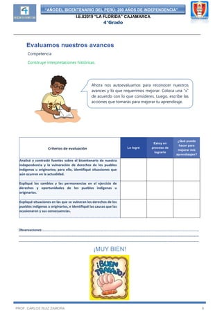 “AÑODEL BICENTENARIO DEL PERÚ: 200 AÑOS DE INDEPENDENCIA”
I.E.82019 “LA FLORIDA” CAJAMARCA
4°Grado
__________________________________________________________________________________
PROF. CARLOS RUIZ ZAMORA 9
Evaluamos nuestros avances
Competencia
Construye interpretaciones históricas.
Observaciones:……………………………………………………………………………………………………………………………………………………………
……………………………………………………………………………………………………………………………………………………………………………………
……………………………………………………………………………………………………………………………………………………………………………………
¡MUY BIEN!
Prof.
Criterios de evaluación Lo logré
Estoy en
proceso de
lograrlo
¿Qué puedo
hacer para
mejorar mis
aprendizajes?
Analicé y contrasté fuentes sobre el bicentenario de nuestra
independencia y la vulneración de derechos de los pueblos
indígenas u originarios; para ello, identifiqué situaciones que
aún ocurren en la actualidad.
Expliqué los cambios y las permanencias en el ejercicio de
derechos y oportunidades de los pueblos indígenas u
originarios.
Expliqué situaciones en las que se vulneran los derechos de los
pueblos indígenas u originarios, e identifiqué las causas que las
ocasionaron y sus consecuencias.
Ahora nos autoevaluamos para reconocer nuestros
avances y lo que requerimos mejorar. Coloca una “x”
de acuerdo con lo que consideres. Luego, escribe las
acciones que tomarás para mejorar tu aprendizaje.
 
