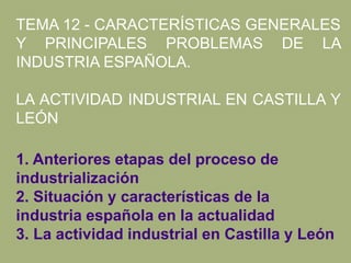 TEMA 12 - CARACTERÍSTICAS GENERALES
Y PRINCIPALES PROBLEMAS DE LA
INDUSTRIA ESPAÑOLA.
LA ACTIVIDAD INDUSTRIAL EN CASTILLA Y
LEÓN
1. Anteriores etapas del proceso de
industrialización
2. Situación y características de la
industria española en la actualidad
3. La actividad industrial en Castilla y León
 