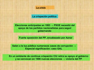 La crispación política   La crisis Elecciones anticipadas en 1993 -> PSOE necesitó del apoyo de los partidos nacionalistas...