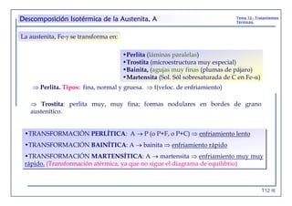 T12 /6
Tema 12.- Tratamientos
Térmicos.
La austenita, Fe-γ se transforma en:
•Perlita (láminas paralelas)
•Trostita (microestructura muy especial)
•Bainita, (agujas muy finas (plumas de pájaro)
•Martensita (Sol. Sól sobresaturada de C en Fe-α)
⇒ Perlita. Tipos: fina, normal y gruesa. ⇒ f(veloc. de enfriamiento)
⇒ Trostita: perlita muy, muy fina; formas nodulares en bordes de grano
austenítico.
•TRANSFORMACIÓN PERLÍTICA: A → P (o P+F, o P+C) ⇒ enfriamiento lento
•TRANSFORMACIÓN BAINÍTICA: A → bainita ⇒ enfriamiento rápido
•TRANSFORMACIÓN MARTENSÍTICA: A → martensita ⇒ enfriamiento muy muy
rápido. (Transformación atérmica, ya que no sigue el diagrama de equilibrio)
•TRANSFORMACIÓN PERLÍTICA: A → P (o P+F, o P+C) ⇒ enfriamiento lento
•TRANSFORMACIÓN BAINÍTICA: A → bainita ⇒ enfriamiento rápido
•TRANSFORMACIÓN MARTENSÍTICA: A → martensita ⇒ enfriamiento muy muy
rápido. (Transformación atérmica, ya que no sigue el diagrama de equilibrio)
Descomposición Isotérmica de la Austenita, A
 