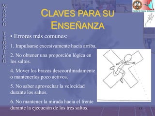 13
CLAVES PARA SU
ENSEÑANZA
• Errores más comunes:
1. Impulsarse excesivamente hacia arriba.
2. No obtener una proporción lógica en
los saltos.
4. Mover los brazos descoordinadamente
o mantenerlos poco activos.
5. No saber aprovechar la velocidad
durante los saltos.
6. No mantener la mirada hacia el frente
durante la ejecución de los tres saltos.
 