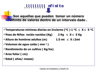 Son aquellas que pueden  tomar un número infinito de valores dentro de un intervalo dado .   Temperaturas mínimas diarias en Invierno (°C ) 1 °C     X     5 °C Peso de Niños  recién nacidos (Kg)  2 Kg     X     5 Kg Altura de hombres adultos (m)  1.5 mt     X   2mt Volumen de agua caída ( mm  3  ) Rendimiento de un cultivo ( Kg/ha) Area foliar ( cm) Edad ( años/ meses) 