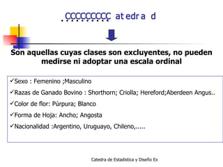   Son aquellas cuyas clases son excluyentes, no pueden medirse ni adoptar una escala ordinal Sexo  : Femenino ;Masculino  Razas de Ganado Bovino  :   Shorthorn ;  Criolla; Hereford;Aberdeen Angus.. Color de flor: Púrpura; Blanco  Forma de Hoja: Ancho; Angosta   Nacionalidad  :Argentino, Uruguayo, Chileno,.....  