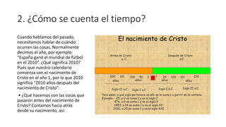 2. ¿Cómo se cuenta el tiempo?
Cuando hablamos del pasado,
necesitamos hablar de cuándo
ocurren las cosas. Normalmente
decimos el año, por ejemplo:
“España ganó el mundial de fútbol
en el 2010”. ¿Qué significa 2010?
Pues que nuestro calendario
comienza con el nacimiento de
Cristo en el año 1, por lo que 2010
significa “2010 años después del
nacimiento de Cristo”.
• ¿Qué hacemos con las cosas que
pasaron antes del nacimiento de
Cristo? Contamos hacia atrás
desde su nacimiento, así:
 