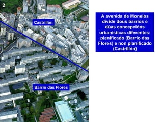 A avenida de Monelos
divide dous barrios e
dúas concepcións
urbanísticas diferentes:
planificado (Barrio das
Flores) e non planificado
(Castrillón)
Castrillón
Barrio das Flores
 