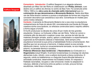 Comentario: Introdución: O edificio Seagram é un elegante rañaceos
deseñado por Mies Van der Rohe en colaboración con Phillip Johnson, cuxo
destino era un edificio de oficinas no centro de New York. Foi construído entre
1958 e 1959 e é a obra cume do chamado estilo internacional que é a
culminación do que denominamos o Movemento Moderno. Nesta obra Mies
van der Rohe levará ó extremo a pureza e simplicidade de formas sen ningunha
concesión decorativa que caracteriza a súa obra. Converteuse en modelo para
outros moitos rañaceos.
Contexto: A semente do Movemento Moderno ten a súa orixe na arquitectura
norteamericana de finais do século XIX, concretamente coa Escola de Chicago
creadora dunha nova tipoloxía, os rañaceos construídos baixo o espírito utilitario:
a forma segue a función.
O triunfo produciuse na década dos anos 20 por medio de tres grandes
arquitectos: Gropius, Le Corbusier e Mies van der Rohe. Teñen en común o
constante afán de descubrir e explorar novas vías, servirse de todo tipo de
materiais (formigón armado, aceiro), aplicar a creatividade e a experimentación
superando as formulacións clásicas e historicistas. Será sempre unha
arquitectura funcional na que prima a habitabilidade fronte á ornamentación. Non
significa que non se procure a harmonía. A beleza estará na súa correcta
distribución interior, nunha luz convenientemente tamizada, na súa integración no
entorno, no benestar térmico e acústico, ...
Pódense diferenciar dúas tendencias: o Racionalismo (Le Corbusier) e o
Organicismo (Lloyd Wright). O primeiro fundamentase no emprego de volumes
elementais (cubo, cilindro, cono e esfera) dominando a lóxica construtiva. O
segundo, cando os totalitarismos e a Segunda Guerra Mundial detiveron a
actividade construtiva, desenvolvese nos Estados Unidos. En resposta á
frialdade racionalista, recupera o valor emocional, insiste na adaptación á
natureza, defende a harmonía entre as partes e co todo, procura formas
escultóricas, máis libres e intuitivas.
Edificio Seagram
 
