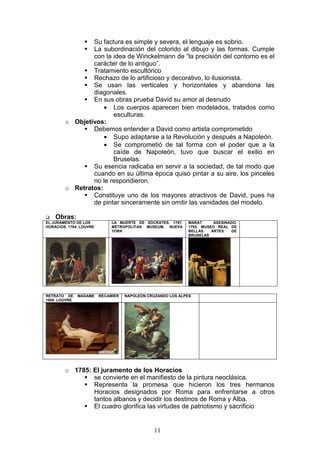 11
Su factura es simple y severa, el lenguaje es sobrio.
La subordinación del colorido al dibujo y las formas. Cumple
con la idea de Winckelmann de “la precisión del contorno es el
carácter de lo antiguo”.
Tratamiento escultórico
Rechazo de lo artificioso y decorativo, lo ilusionista.
Se usan las verticales y horizontales y abandona las
diagonales.
En sus obras prueba David su amor al desnudo
• Los cuerpos aparecen bien modelados, tratados como
esculturas.
o Objetivos:
Debemos entender a David como artista comprometido
• Supo adaptarse a la Revolución y después a Napoleón.
• Se comprometió de tal forma con el poder que a la
caíde de Napoleón, tuvo que buscar el exilio en
Bruselas.
Su esencia radicaba en servir a la sociedad, de tal modo que
cuando en su última época quiso pintar a su aire, los pinceles
no le respondieron.
o Retratos:
Constituye uno de los mayores atractivos de David, pues ha
de pintar sinceramente sin omitir las vanidades del modelo.
Obras:
EL JURAMENTO DE LOS
HORACIOS. 1784. LOUVRE
LA MUERTE DE SÓCRATES. 1787.
METROPOLITAN MUSEUM. NUEVA
YORK
MARAT ASESINADO.
1793. MUSEO REAL DE
BELLAS ARTES DE
BRUSELAS
RETRATO DE MADAME RÉCAMIER
1800. LOUVRE
NAPOLEÓN CRUZANDO LOS ALPES
o 1785: El juramento de los Horacios
se convierte en el manifiesto de la pintura neoclásica.
Representa la promesa que hicieron los tres hermanos
Horacios designados por Roma para enfrentarse a otros
tantos albanos y decidir los destinos de Roma y Alba.
El cuadro glorifica las virtudes de patriotismo y sacrificio
 