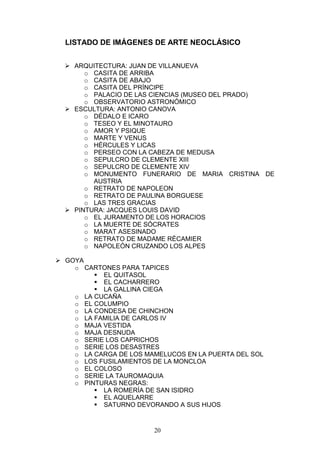 20
LISTADO DE IMÁGENES DE ARTE NEOCLÁSICO
ARQUITECTURA: JUAN DE VILLANUEVA
o CASITA DE ARRIBA
o CASITA DE ABAJO
o CASITA DEL PRÍNCIPE
o PALACIO DE LAS CIENCIAS (MUSEO DEL PRADO)
o OBSERVATORIO ASTRONÓMICO
ESCULTURA: ANTONIO CANOVA
o DÉDALO E ICARO
o TESEO Y EL MINOTAURO
o AMOR Y PSIQUE
o MARTE Y VENUS
o HÉRCULES Y LICAS
o PERSEO CON LA CABEZA DE MEDUSA
o SEPULCRO DE CLEMENTE XIII
o SEPULCRO DE CLEMENTE XIV
o MONUMENTO FUNERARIO DE MARIA CRISTINA DE
AUSTRIA
o RETRATO DE NAPOLEON
o RETRATO DE PAULINA BORGUESE
o LAS TRES GRACIAS
PINTURA: JACQUES LOUIS DAVID
o EL JURAMENTO DE LOS HORACIOS
o LA MUERTE DE SÓCRATES
o MARAT ASESINADO
o RETRATO DE MADAME RÉCAMIER
o NAPOLEÓN CRUZANDO LOS ALPES
GOYA
o CARTONES PARA TAPICES
EL QUITASOL
EL CACHARRERO
LA GALLINA CIEGA
o LA CUCAÑA
o EL COLUMPIO
o LA CONDESA DE CHINCHON
o LA FAMILIA DE CARLOS IV
o MAJA VESTIDA
o MAJA DESNUDA
o SERIE LOS CAPRICHOS
o SERIE LOS DESASTRES
o LA CARGA DE LOS MAMELUCOS EN LA PUERTA DEL SOL
o LOS FUSILAMIENTOS DE LA MONCLOA
o EL COLOSO
o SERIE LA TAUROMAQUIA
o PINTURAS NEGRAS:
LA ROMERÍA DE SAN ISIDRO
EL AQUELARRE
SATURNO DEVORANDO A SUS HIJOS
 