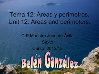 Tema 12: Áreas y perímetros.
Unit 12: Areas and perimeters.

    C.P Maestro Juan de Ávila
             Sexto
         Curso: 2012/13
 