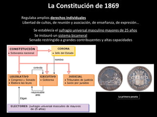 La Constitución de 1869La Constitución de 1869
Regulaba amplios derechos individuales
Libertad de cultos, de reunión y asociación, de enseñanza, de expresión…
Se establecía el sufragio universal masculino mayores de 25 años
Se instauró un sistema bicameral
Senado restringido a grandes contribuyentes y altas capacidades
La primera pesetaLa primera peseta
 