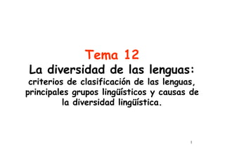 1
Tema 12
La diversidad de las lenguas:
criterios de clasificación de las lenguas,
principales grupos lingüísticos y causas de
la diversidad lingüística.
 