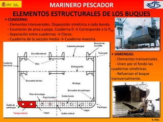 A. Díez. 
MARINERO PESCADOR 
ELEMENTOS ESTRUCTURALES DE LOS BUQUES 
• CUADERNA: 
- Elementos transversales. Disposición simétrica a cada banda. 
- Enumeran de proa a popa. Cuaderna 0 → Corresponde a la PPp. 
- Separación entre cuadernas → Claras. 
- Cuaderna de la sección media → Cuaderna maestra. 
• VARENGAS: 
- Elementos transversales. 
- Unen por el fondo las 
cuadernas simétricas. 
- Refuerzan el buque 
transversalmente. 
 