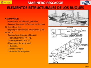 A. Díez. 
MARINERO PESCADOR 
ELEMENTOS ESTRUCTURALES DE LOS BUQUES 
• MAMPAROS: 
- Mamparos → Tabiques, paredes. 
- Compartimentan, refuerzan, protección 
de incendios, etc. 
- Según paso de fluidos → Estancos o No 
estancos. 
- Según disposición en el buque: 
• Longitudinales: Pr – Pp. 
• Transversales: Br – Er. 
- Mamparos de seguridad: 
• Colisión. 
• Prensaestopas. 
• Cámara de máquinas. 
 