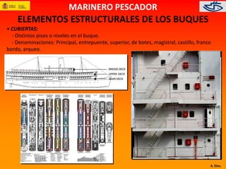 A. Díez. 
MARINERO PESCADOR 
ELEMENTOS ESTRUCTURALES DE LOS BUQUES 
• CUBIERTAS: 
- Distintos pisos o niveles en el buque. 
- Denominaciones: Principal, entrepuente, superior, de botes, magistral, castillo, franco 
bordo, arqueo. 
 